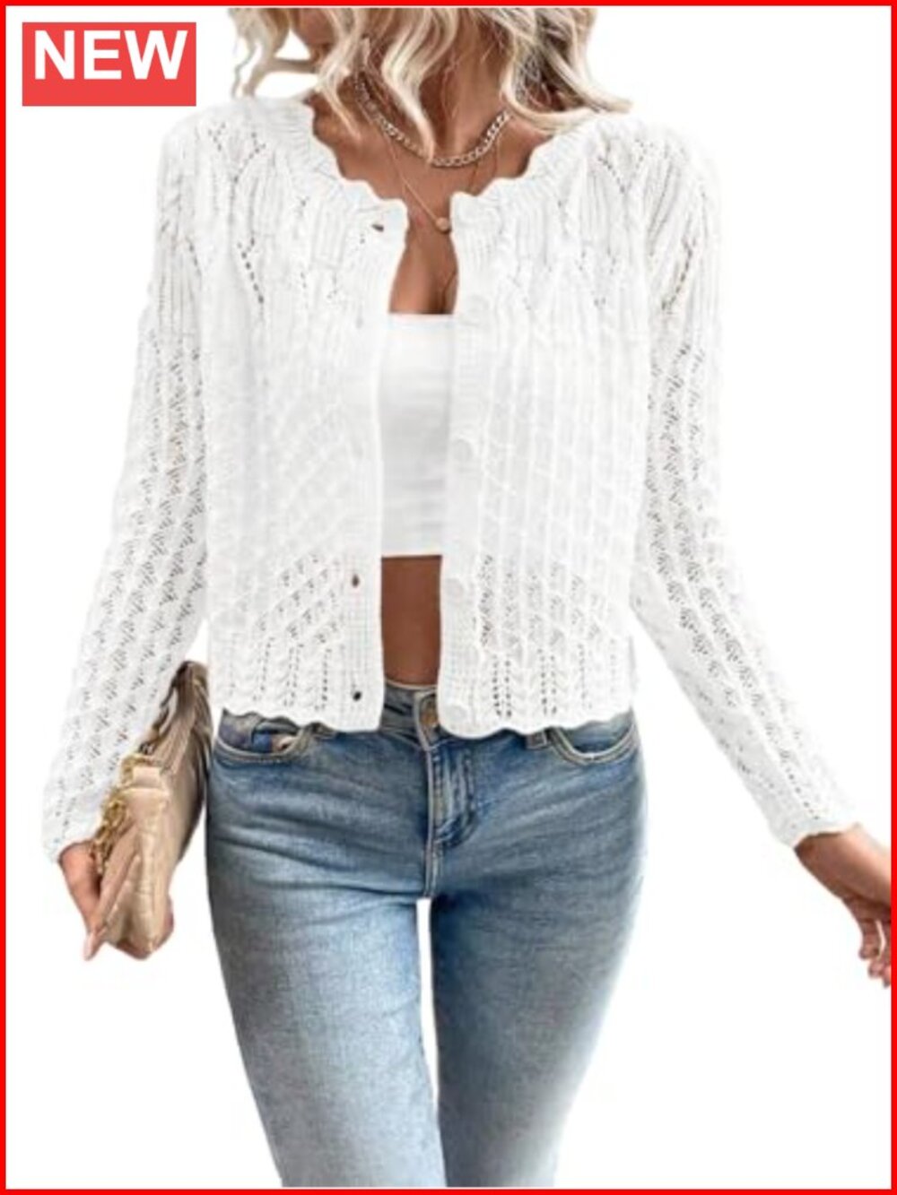 Women's Cropped Knit Cardigan Scalloped Button Down Sweater